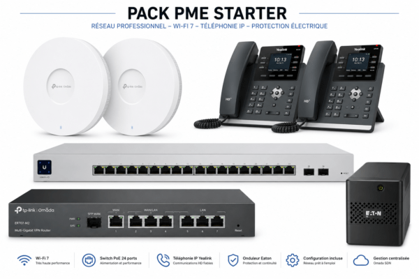 Pack Réseau PME Wi-Fi 7 – Point d'Accès TP-Link EAP772, Switch PoE 24 Ports, Téléphones IP Yealink et Onduleur Eaton