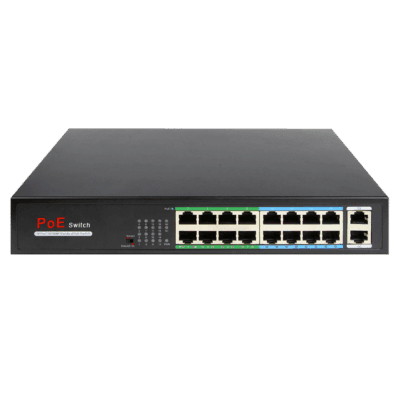 Switch PoE 18 Ports – 16 Ports PoE 10/100 Mbps + 2 Ports Gigabit Uplink