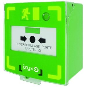 Déclen manuel vert 3 cts LED/buz 12/24/48V DC Reset façade+capot,2 clés,scellé – Izyx RCP310G
