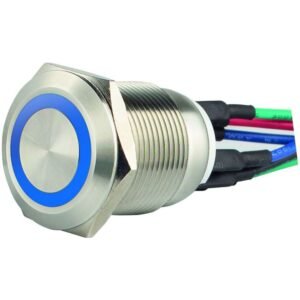 Bouton poussoir acier inox d= 19 mm Halo bleu 12V AC/DC Contact NO+NC (F) – Izyx SS19B12W