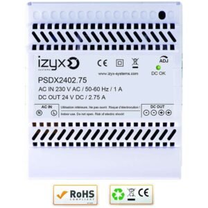 Alimentation rail DIN 5M 230V AC / 27,6V DC (24-28V) / 2,75A – Izyx PSDX2402.75